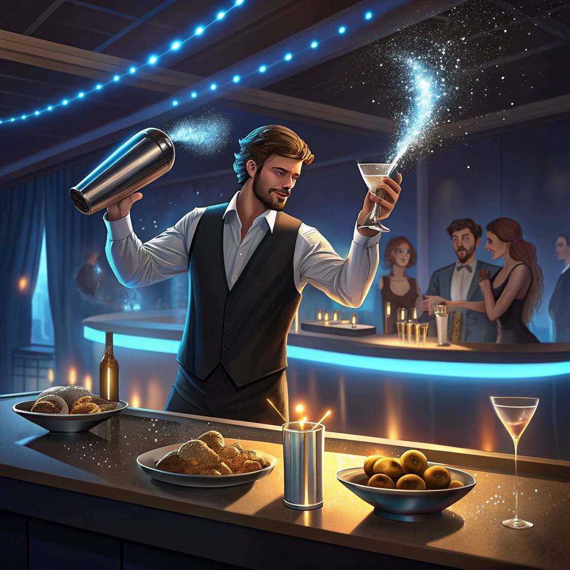 Цифровая иллюстрация. Уверенный бармен в жилетке готовит синие коктейли к празднованию Дня защитника Отечества в отеле Райморис, Геленджик, Бетта.